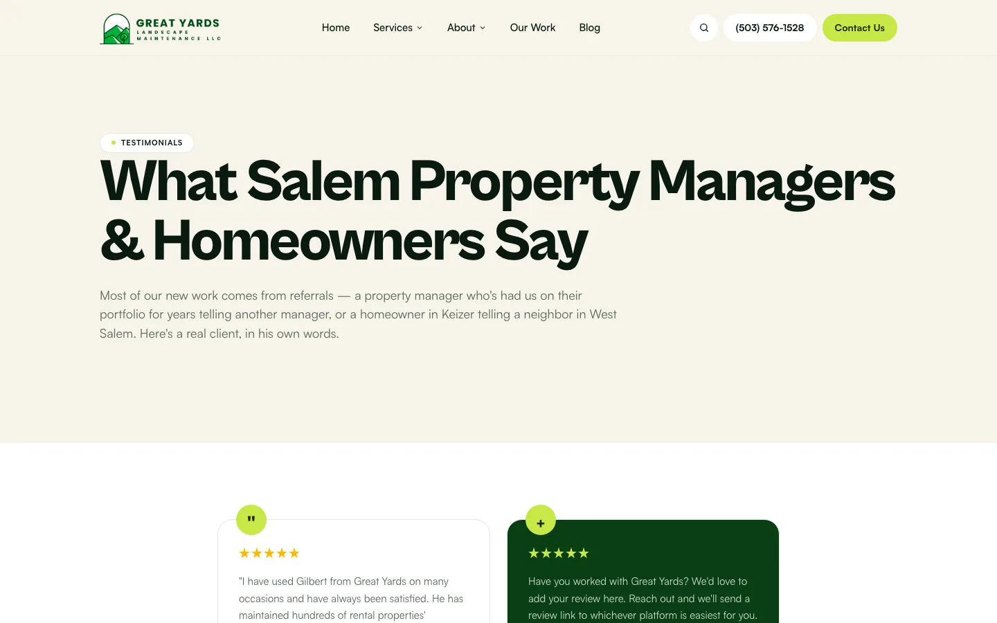 Great Yards testimonials from Salem homeowners and property managers
