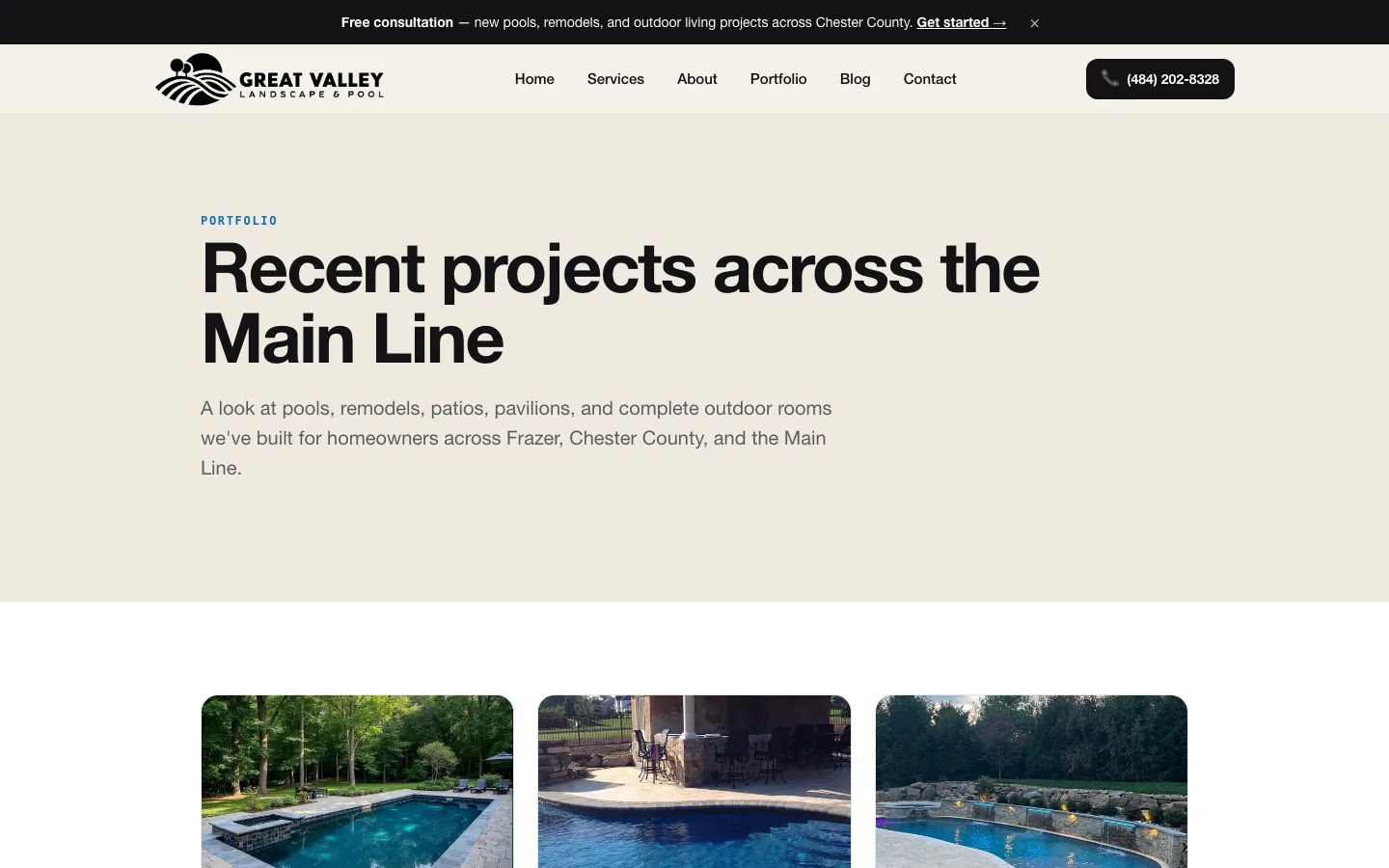 Great Valley outdoor-living gallery of completed pool + hardscape projects