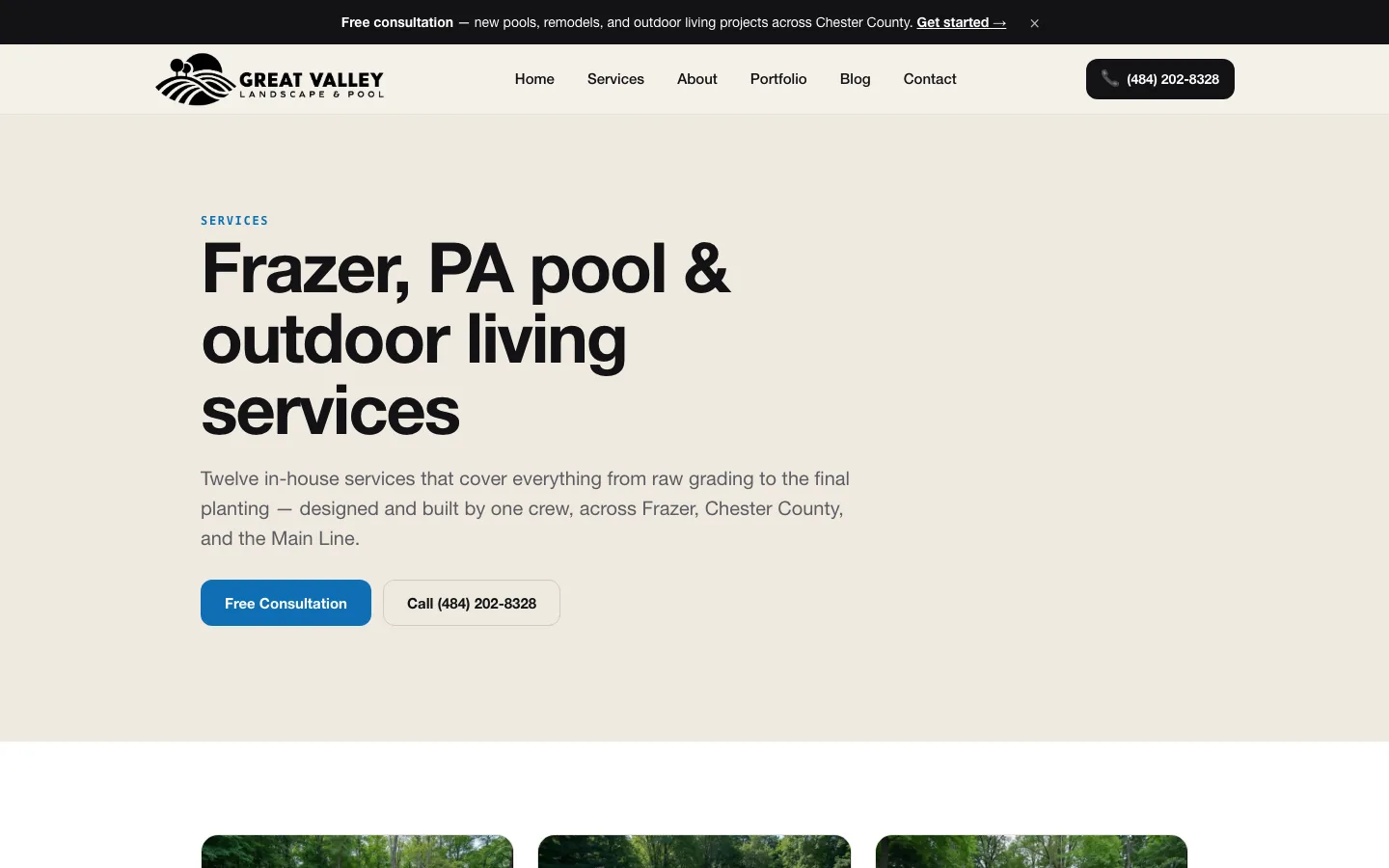 Great Valley services grid — pools, hardscape, and outdoor living