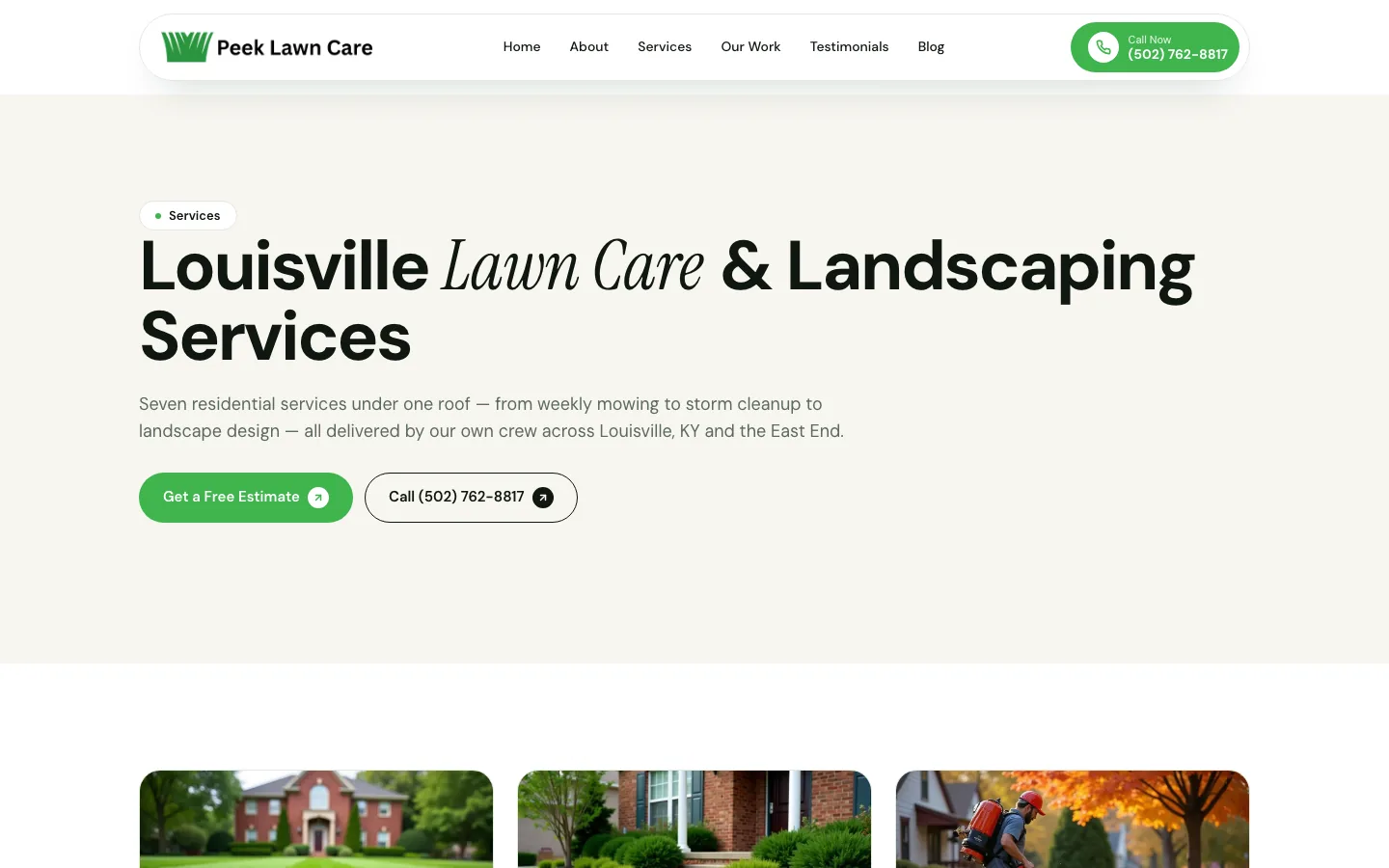 Peek Lawn Care services page listing seven residential services