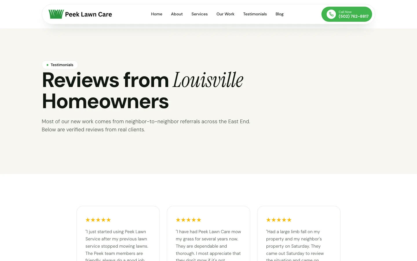 Peek Lawn Care 'Reviews from Louisville Homeowners' page with five-star testimonial cards
